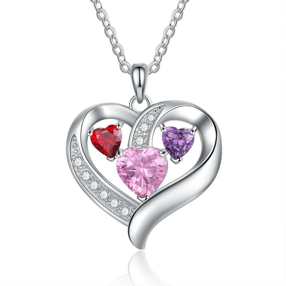 Personalised Heart Necklace With 3 Birthstones Engraved Names Gift For Her-Jessemade AU