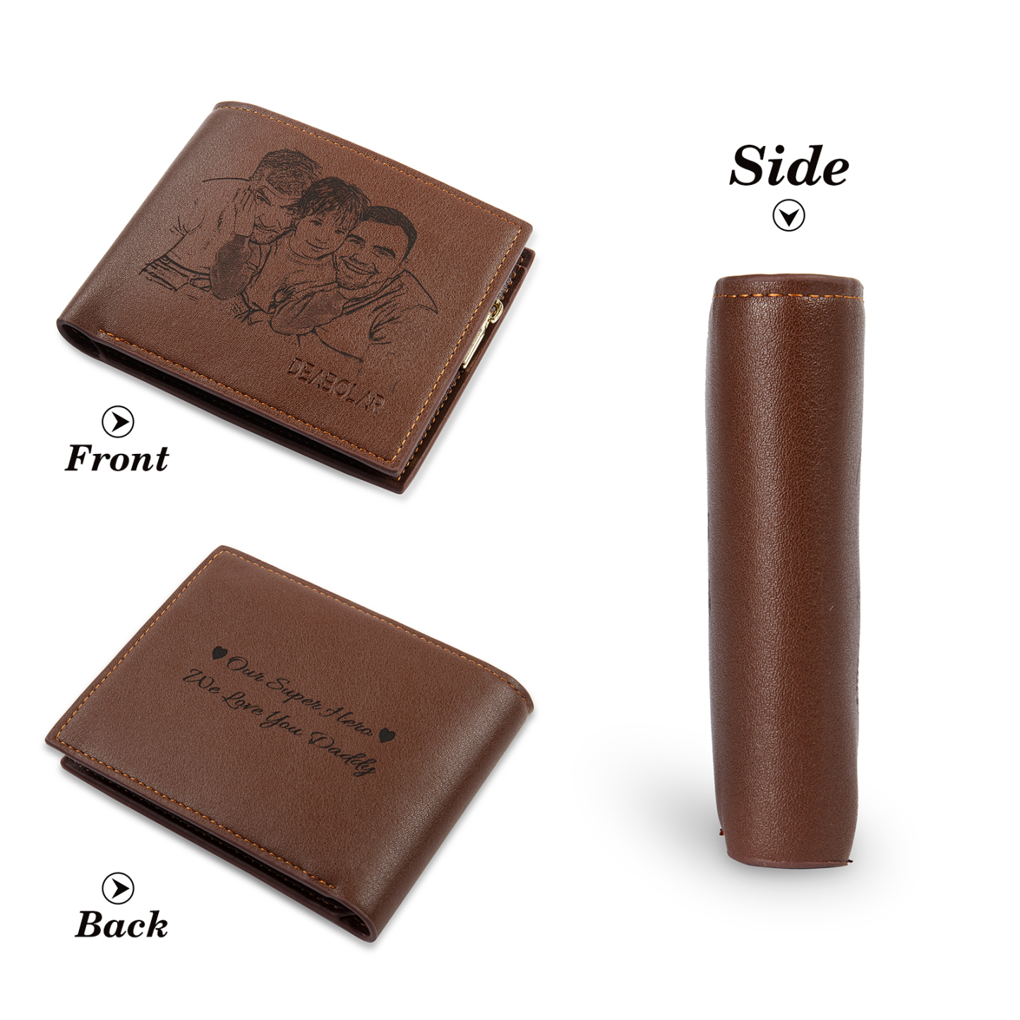 Brown Personalised Leather Wallet Engraved Photo Short Purse Gifts For Men-Jessemade AU