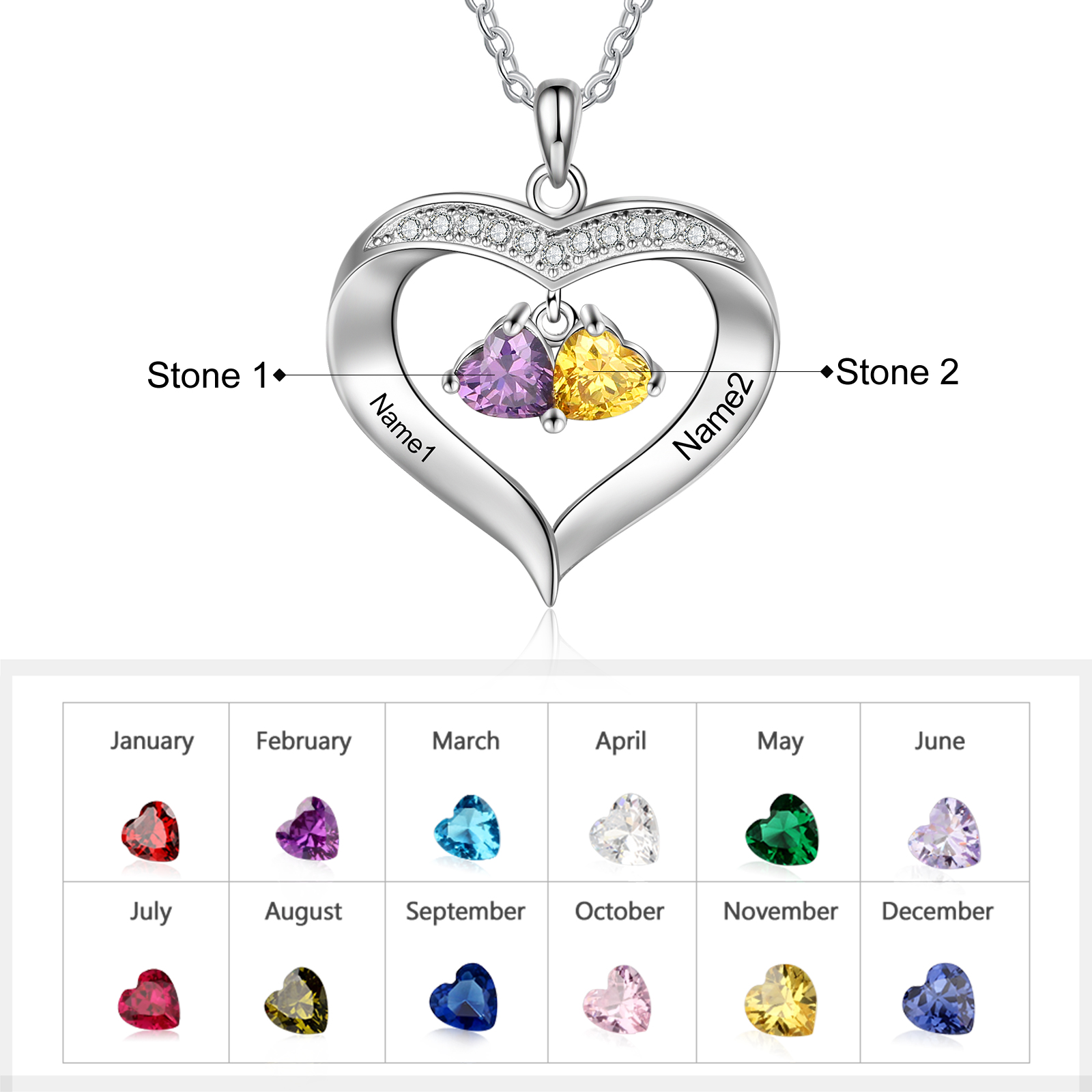 Personalised Heart Pendant Necklace with 2 Birthstones Engraved Names Family Necklace Gifts for Her-Jessemade AU