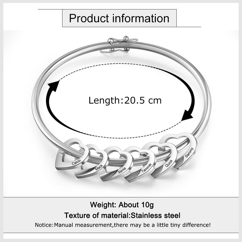 Bangle Bracelet Personalised with 6 Heart Shape Pendant Engraved 6 Names-Jessemade AU