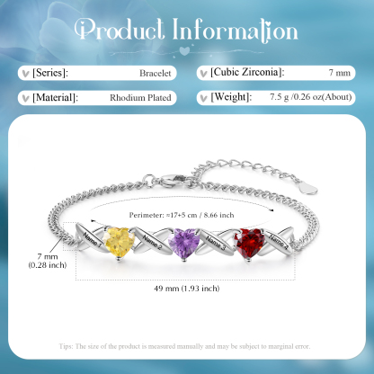 Custom 3 Birthstones Bracelet Engraved 4 Names Bracelet Personalised Birthday Gift for Her-Jessemade AU