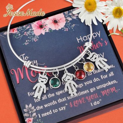 Personalised Kid Charms Bangle Bracelet With Names Customised 1 Birthstone Gift for Her-Jessemade AU