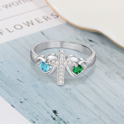S925 Silver Ring Personalised 2 Birthstones Cross Ring With Names Gifts For Her-Jessemade AU