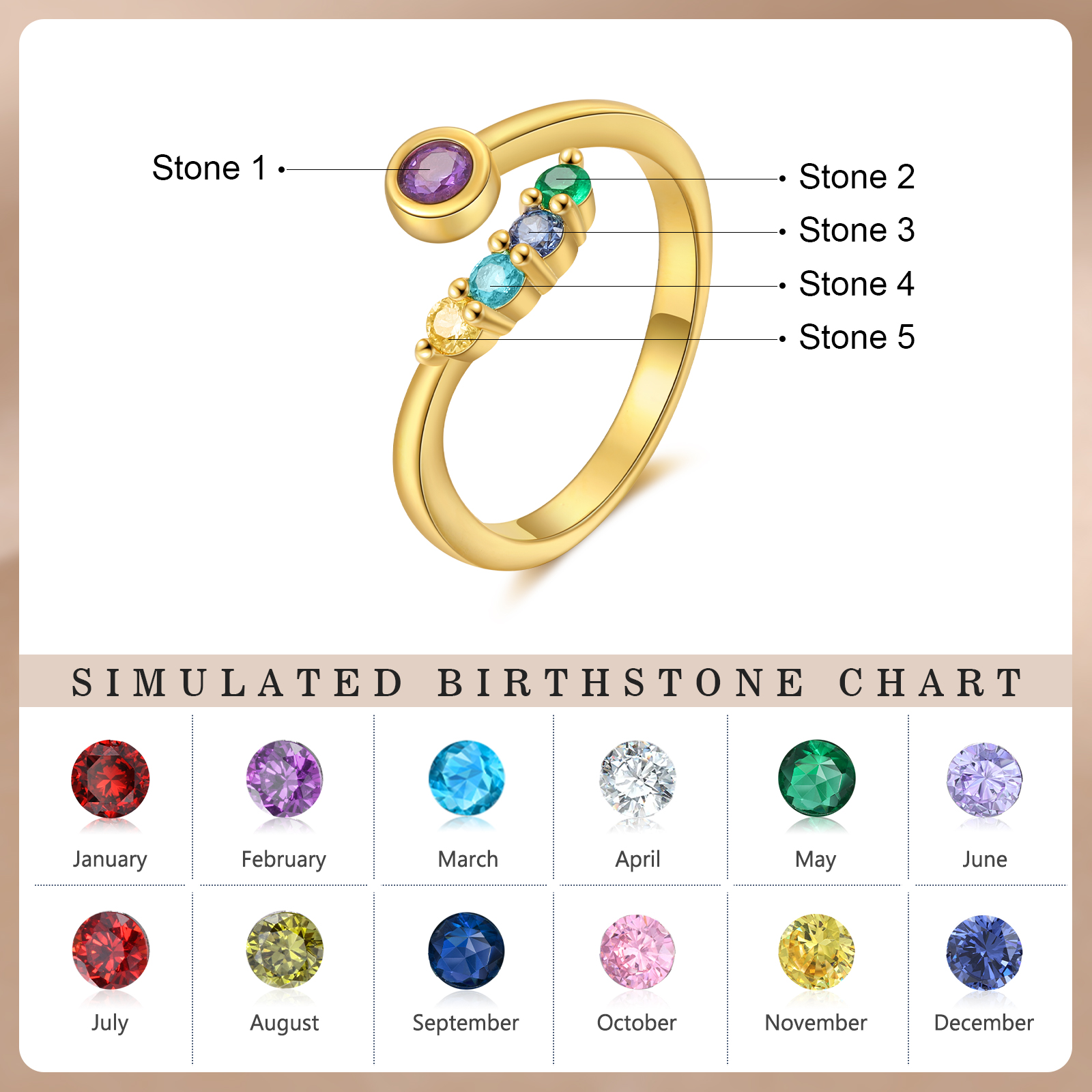 Personalised Women's Ring Custom 5 Birthstones Open Ring Birthday Gift for Ladies Girls-Jessemade AU