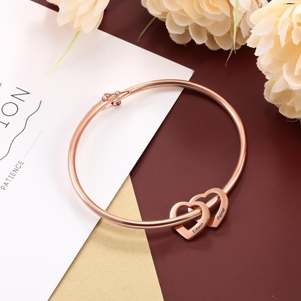 Engraved Bangle Bracelet with 2 Heart Pendant Gift for Mother Love Bracelets Rose For Her -Jessemade AU
