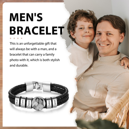 Personalised Men's Leather Bracelet Custom 5 Names & 1 Photo Braided Bracelet Father's Day Gifts for Him-Jessemade AU