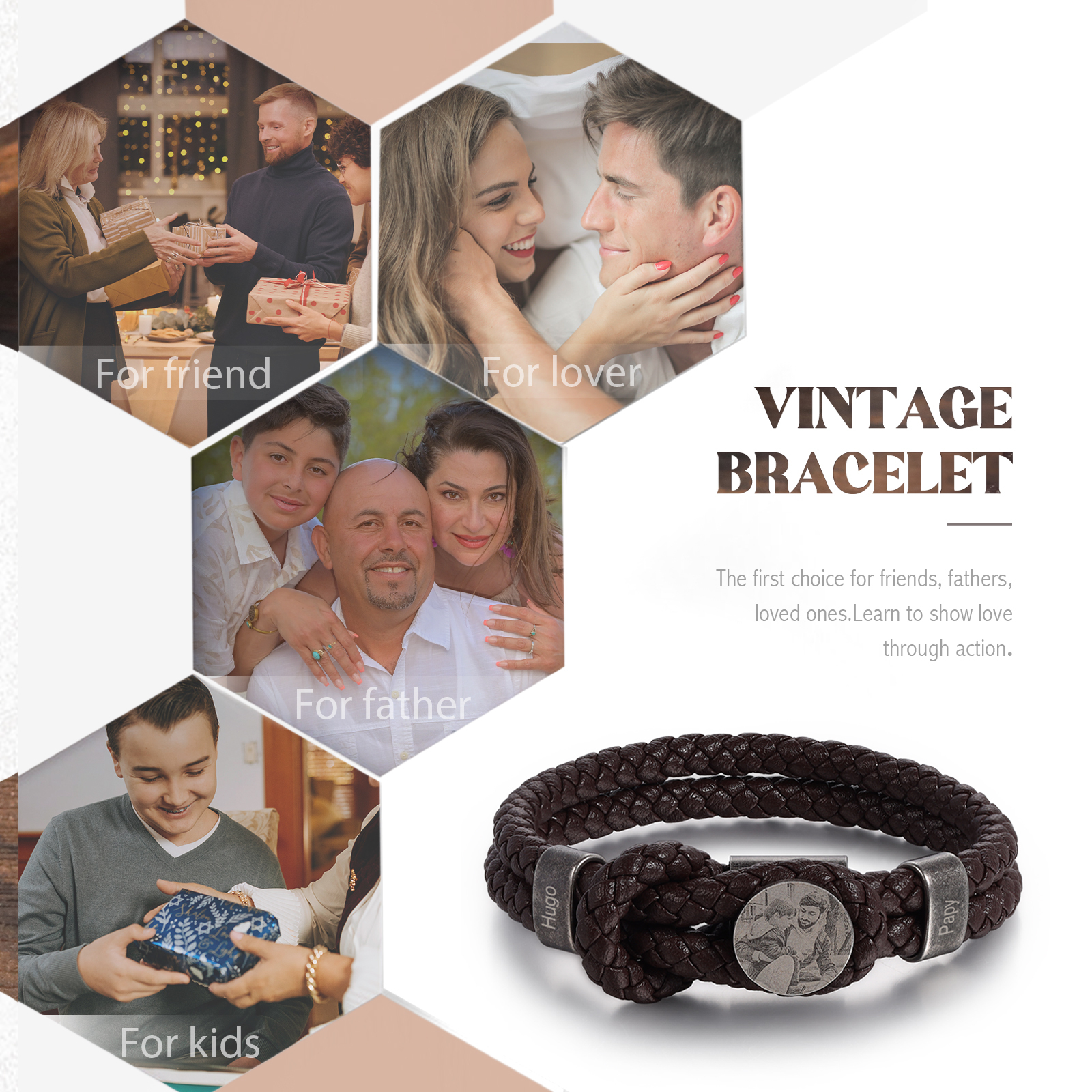 Personalised Men's Photo Bracelets Engraved 2 Names Multi Layered Vintage Braided Bracelet for Him-Jessemade AU