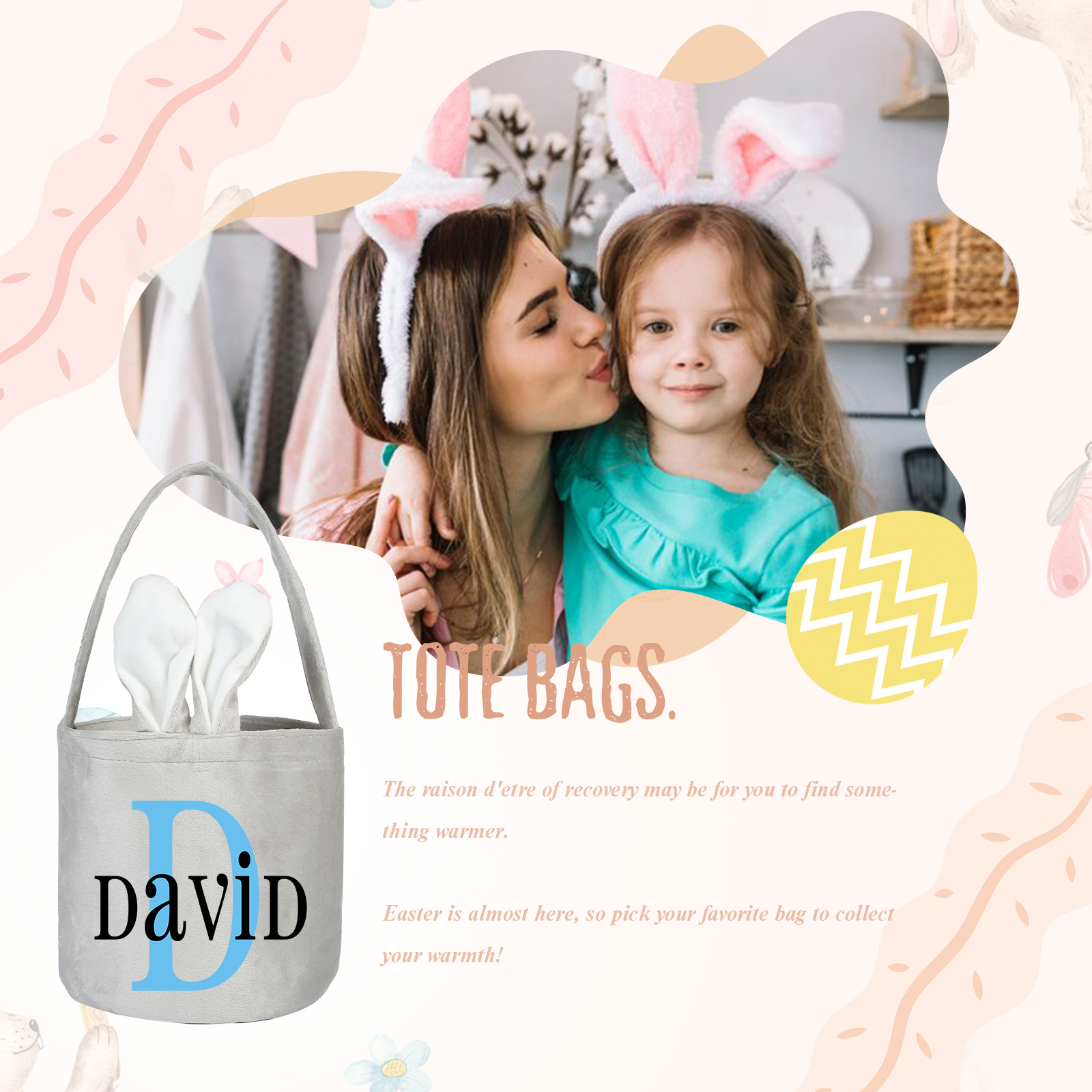 Personalised Bunny Tote Bag Custom Name & Letter Bunny Basket Bucket Bag Easter Gifts-Jessemade AU