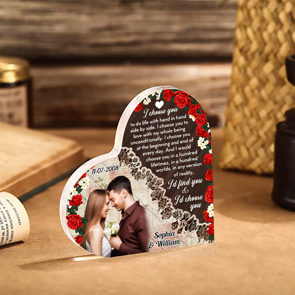 Couple Acrylic Heart Keepsake Custom 2 Names & Date & Photo Ornament Valentine's Day Gift -  I Choose You To Do Life With Hand In Hand Side By Side-Jessemade AU