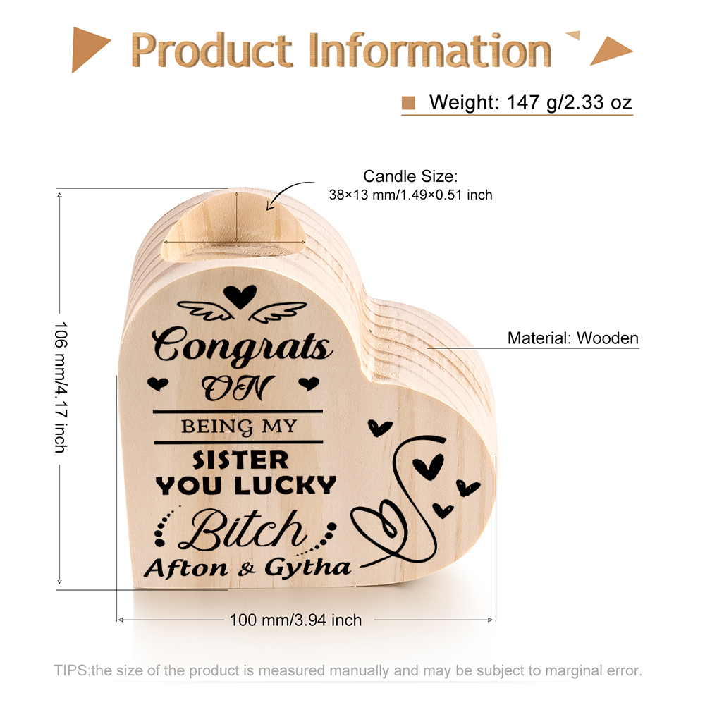 Personalised Heart Candle Holder Customised 2 Names Wooden Candlestick "Congrats On Being My Sister" Funny Gift for Friend-Jessemade AU
