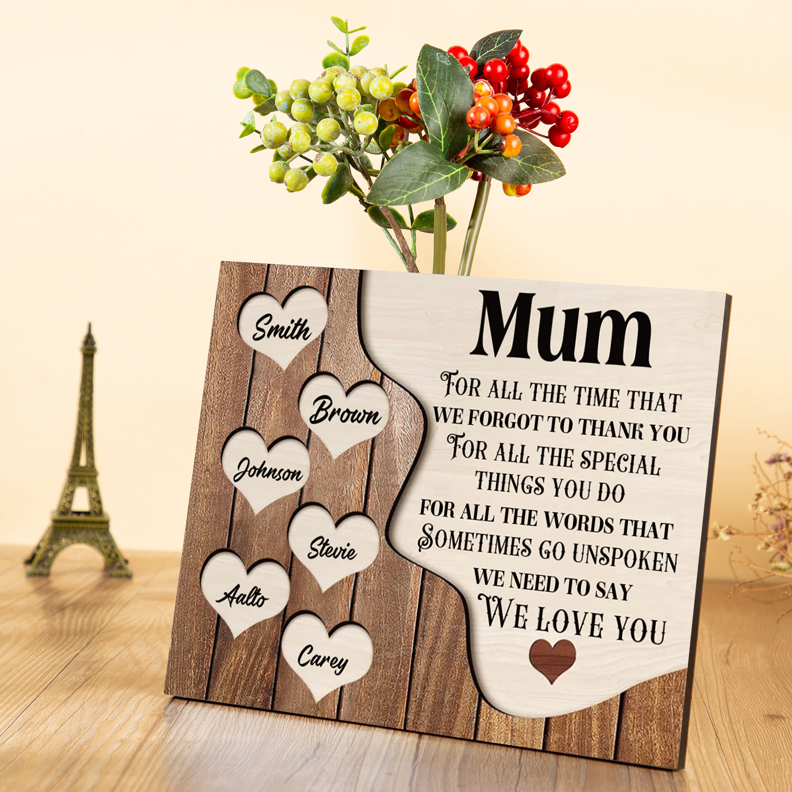 6 Names - Personalised Mum Wooden Plaque Custom Names Home Decoration Hearts Gift for Mother-Jessemade AU