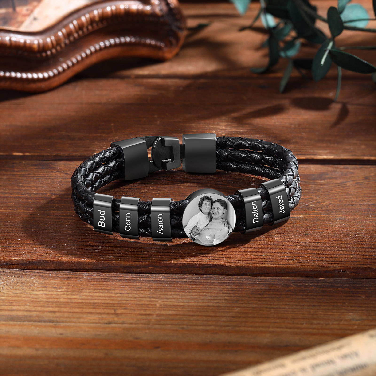 Personalised Men's Leather Bracelet Custom 5 Names & 1 Photo Braided Bracelet Father's Day Gifts for Him-Jessemade AU