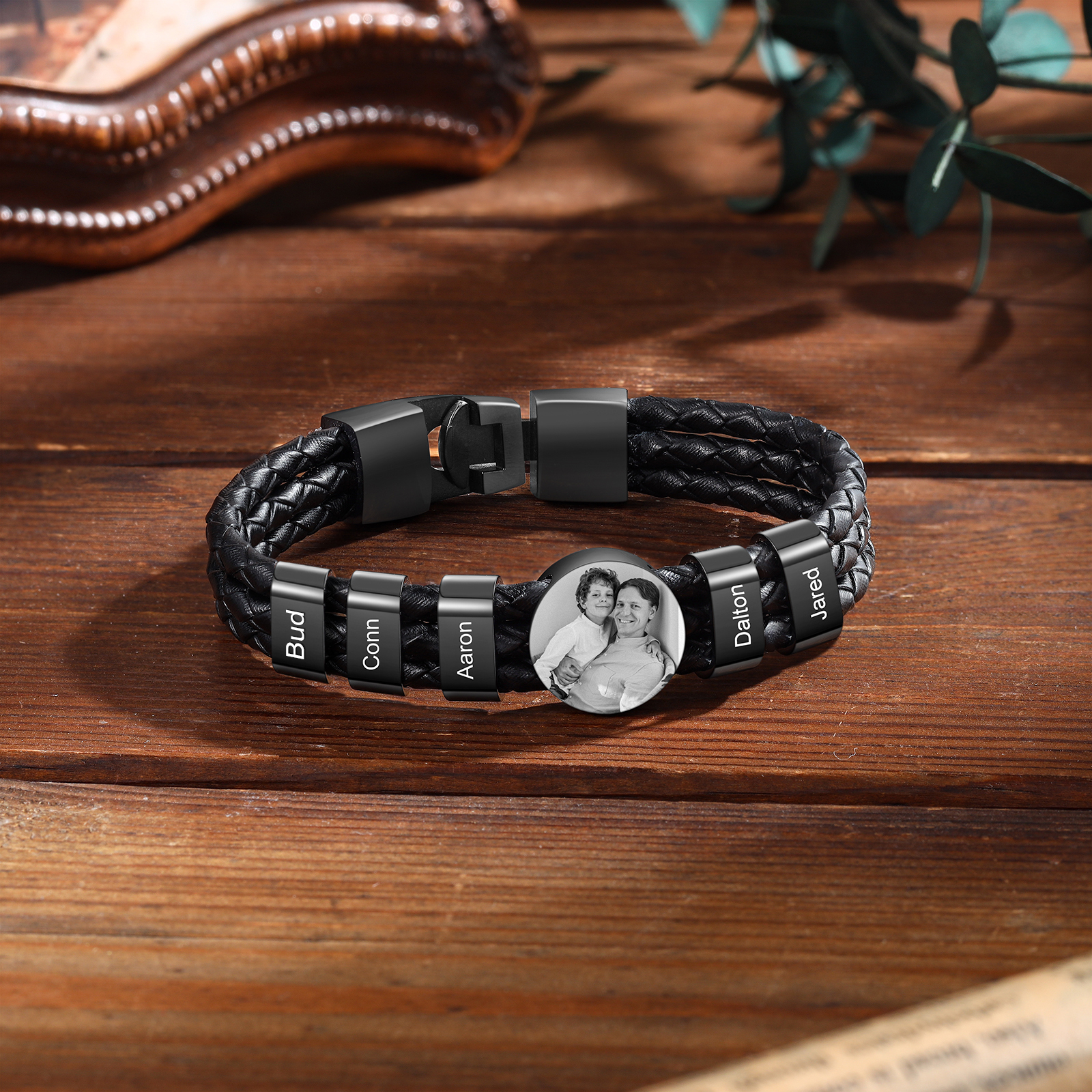 Personalised Men's Leather Bracelet Custom 5 Names & 1 Photo Braided Bracelet Father's Day Gifts for Him-Jessemade AU