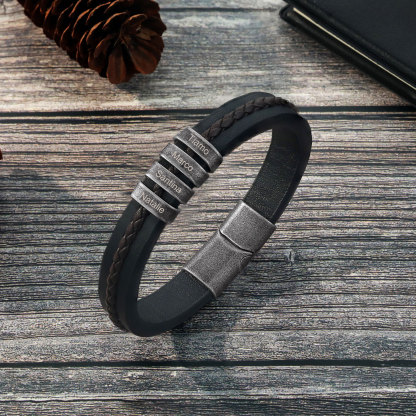 4 Names - Personalised Men's Leather Bracelet Custom Text Beaded Bracelets Vintage Gift for Him