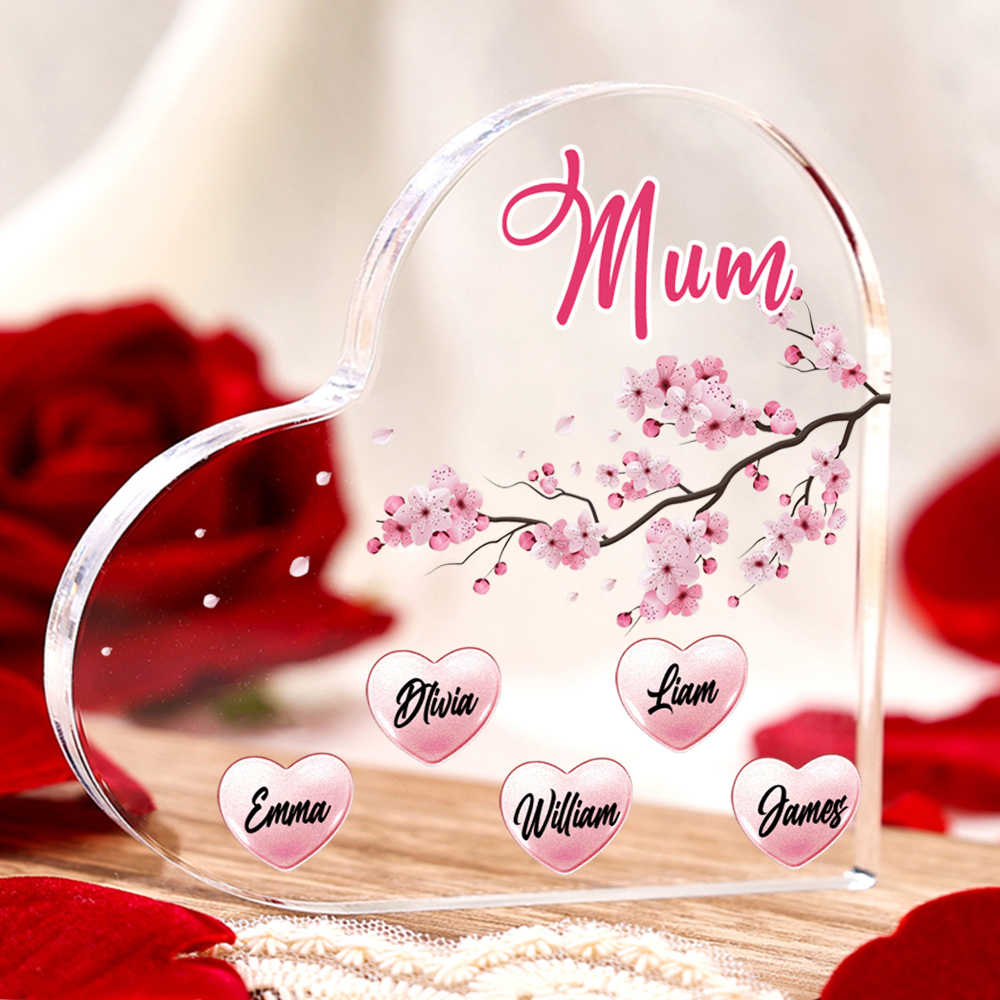 5 Names - Personalised Acrylic Heart Keepsake Custom Text Peach Blossom Ornaments Gifts for Grandma/Mother-Jessemade AU