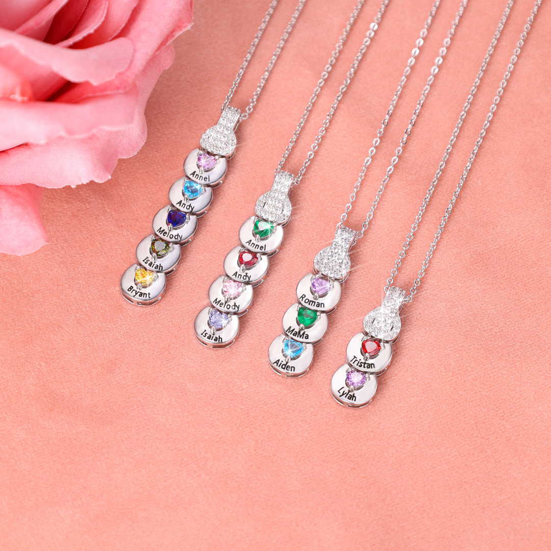 Custom Family Necklace Cascading Pendant with 3 Birthstones Engraving 3 Names Gifts for Her-Jessemade AU