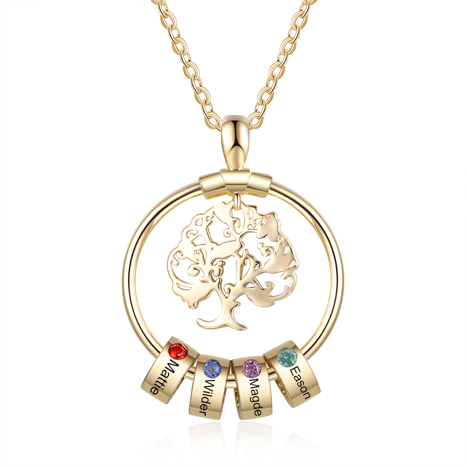 Personalised Family Tree Necklace With 4 Birthstones Engraved Names Gift For Mother-Jessemade AU