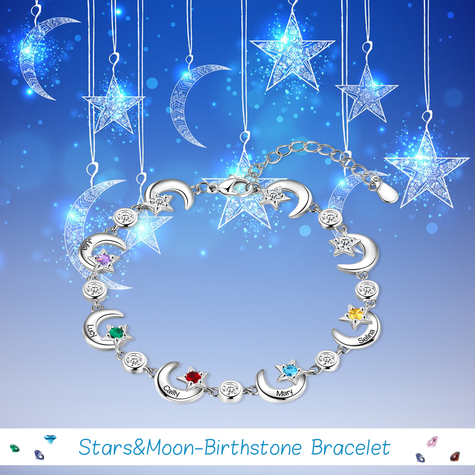 Personalised Moons And Stars Bracelet With 5 Birthstones Custom Names Bracelet Gift For Women-Jessemade AU