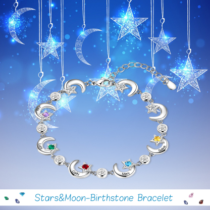 Personalised Moons And Stars Bracelet With 5 Birthstones Custom Names Bracelet Gift For Women-Jessemade AU