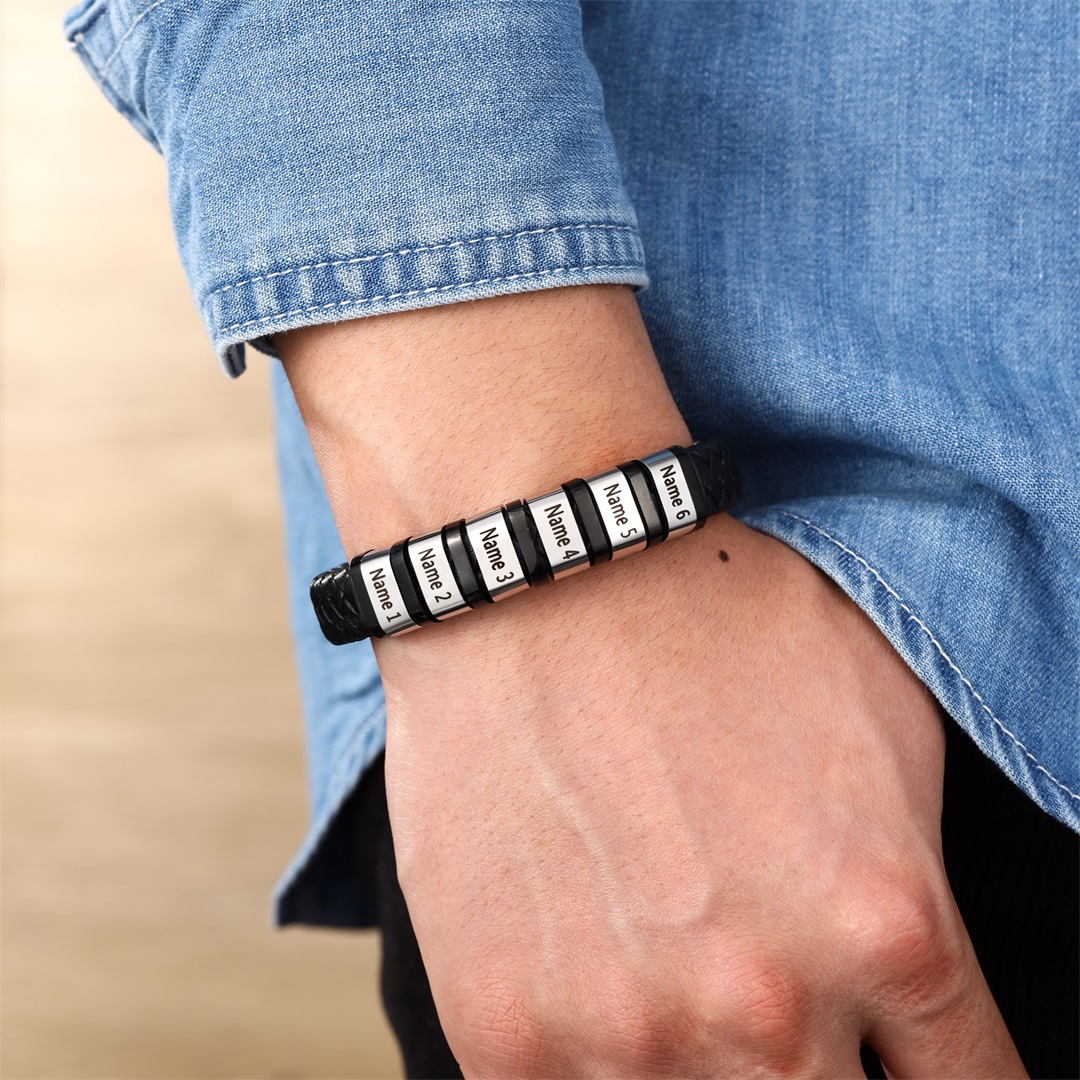 Men Leather Braided Bracelet Personalised with 6 Names Black-Jessemade AU