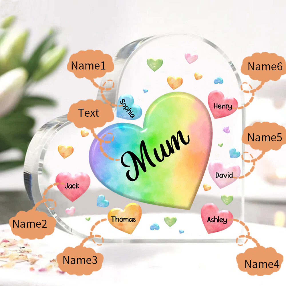 6 Names - Personalised Acrylic Heart Keepsake Custom Text Colourful Hearts Ornament Gift for Mother/Grandma-Jessemade AU