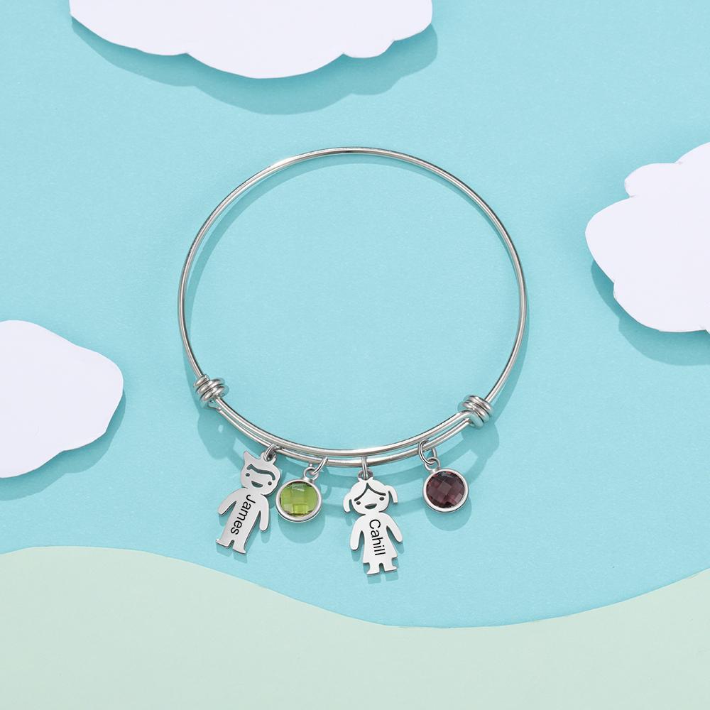 Bangle Bracelet with Kids Charms 2 Birthstone Engraved 2 Names Rose Box Set-Jessemade AU