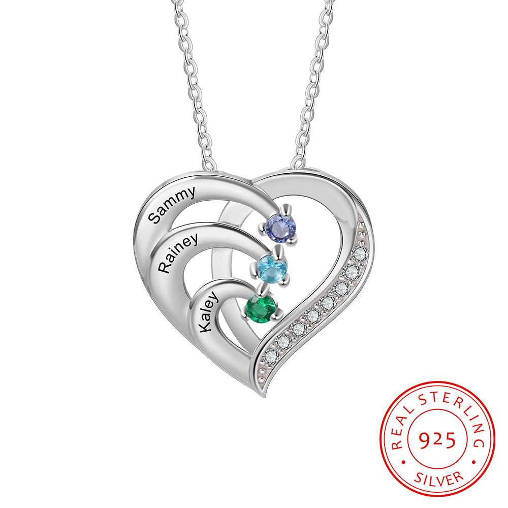 Personalised Mother Necklace 3 Stones Engraved 3 Names Birthstone Intertwined Heart Pendant Gifts for Her-Jessemade AU