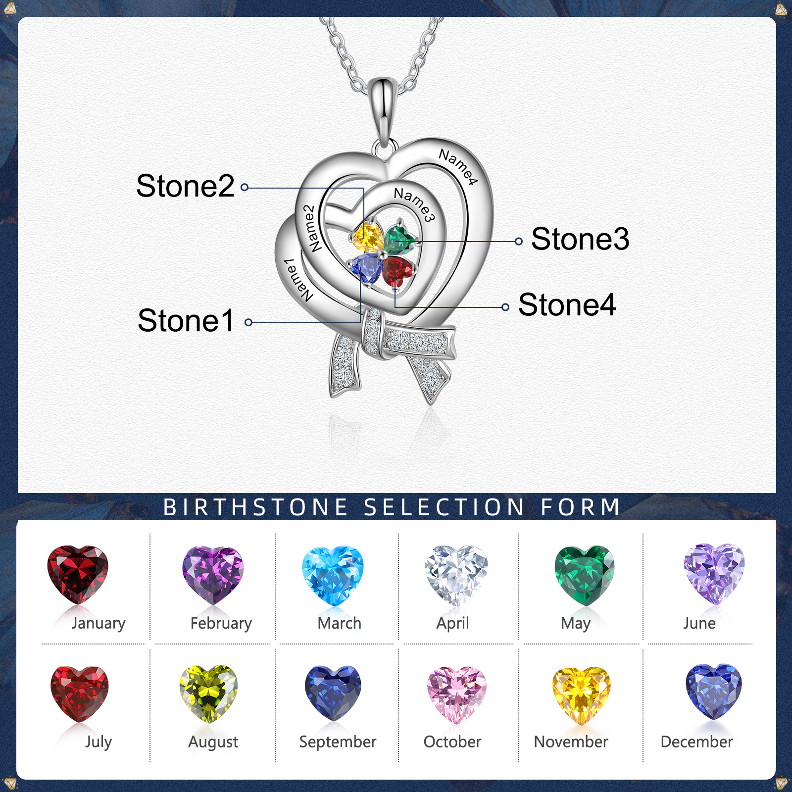 Personalised Heart Necklace With 4 Birthstones Custom Names Best Gift For Women-Jessemade AU