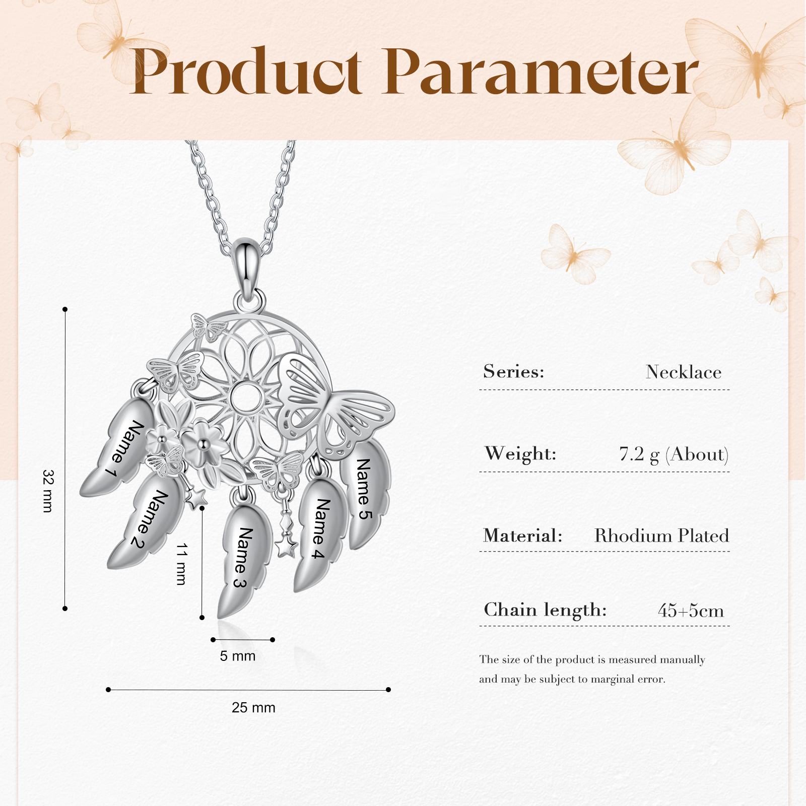 Personalised Dream Catcher Necklace Custom 5 Names 3D Butterflies Necklace Gifts For Her-Jessemade AU