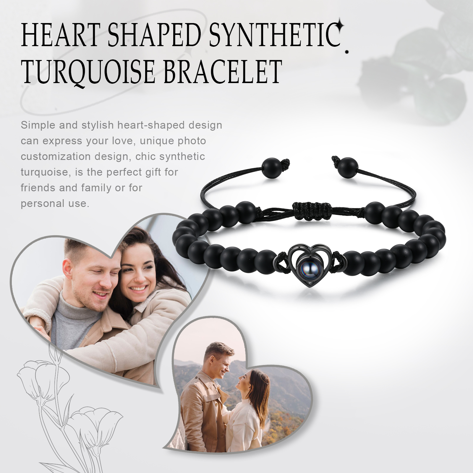 Personalised Projection Beaded Bracelet Customised Photo Bracelet Black Adjustable Bracelet Personalised Gift for Couples-Jessemade AU