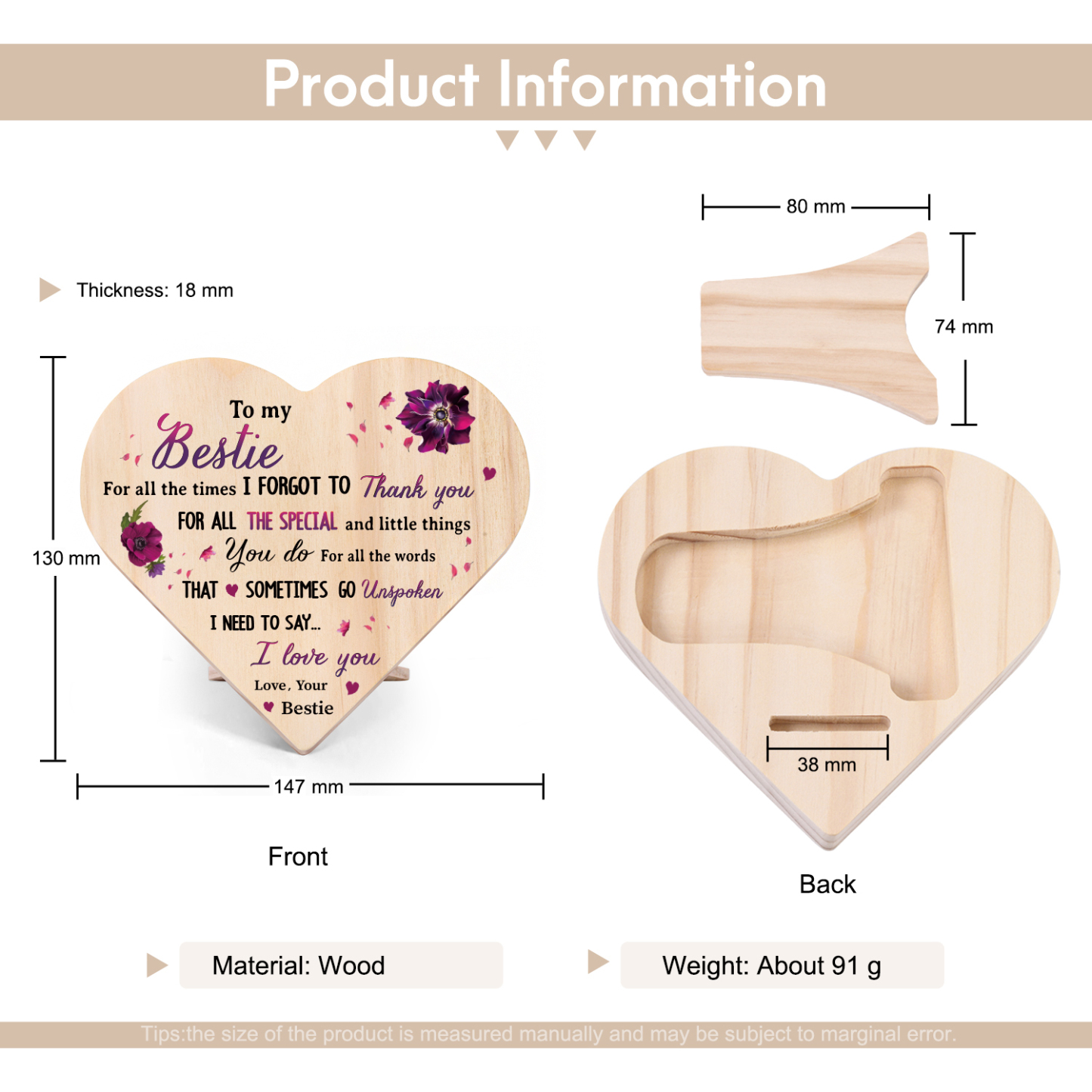 To My Bestie Violet Wooden Heart Keepsake Desktop Ornament "For all the times I forgot to thank you" Friendship Gifts-Jessemade AU