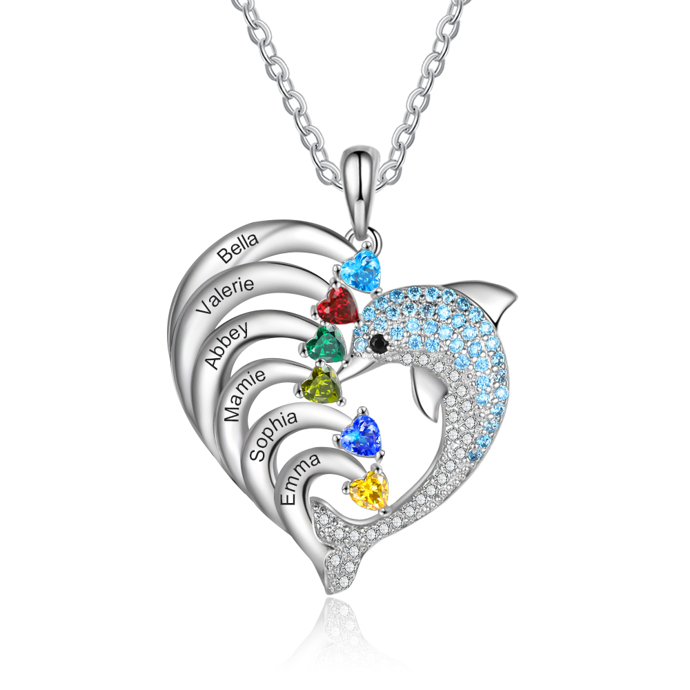 Personalised Heart Dolphin Necklace With 6 Birthstones Engraved Names Gift For Her-Jessemade AU
