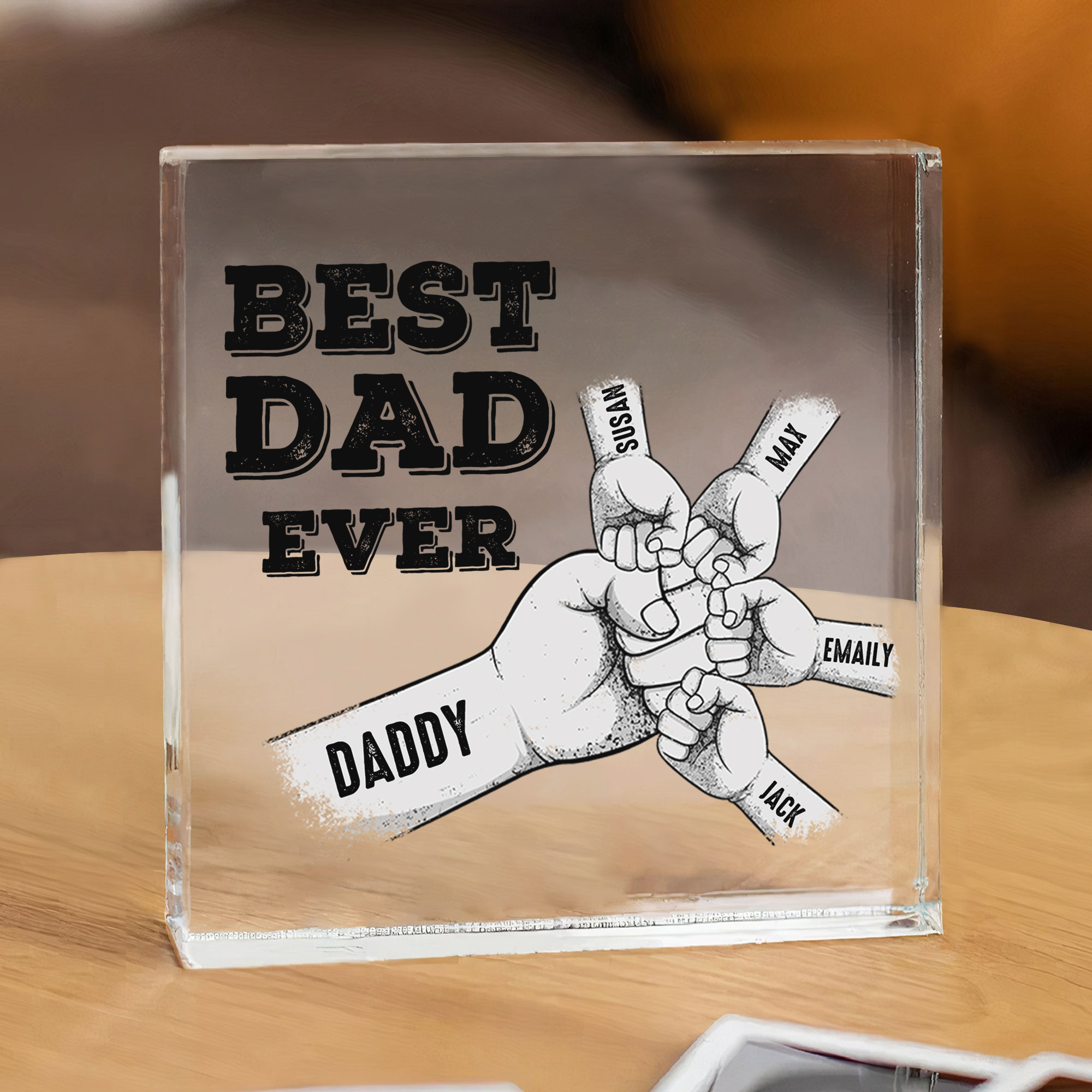 Personalised 5 Names Acrylic Square Keepsake Fist Bump Rectangle Plaque Father's Day Gifts  - Best Dad Ever-Jessemade AU