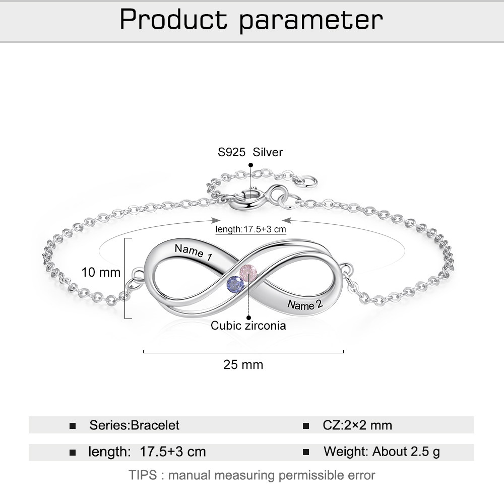 Infinity 925 Sterling Silver Heart 2 Birthstones Bracelet-Jessemade AU