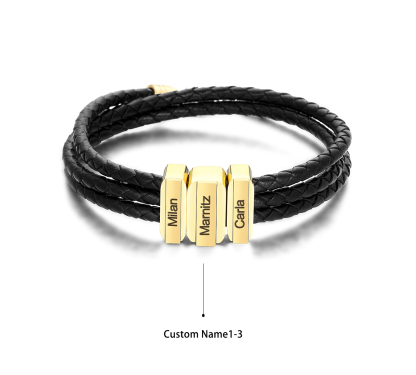 Mens Leather Bracelet with Customised Beads Personalised Three Layer Bracelet Engraved 3 Names-Jessemade AU
