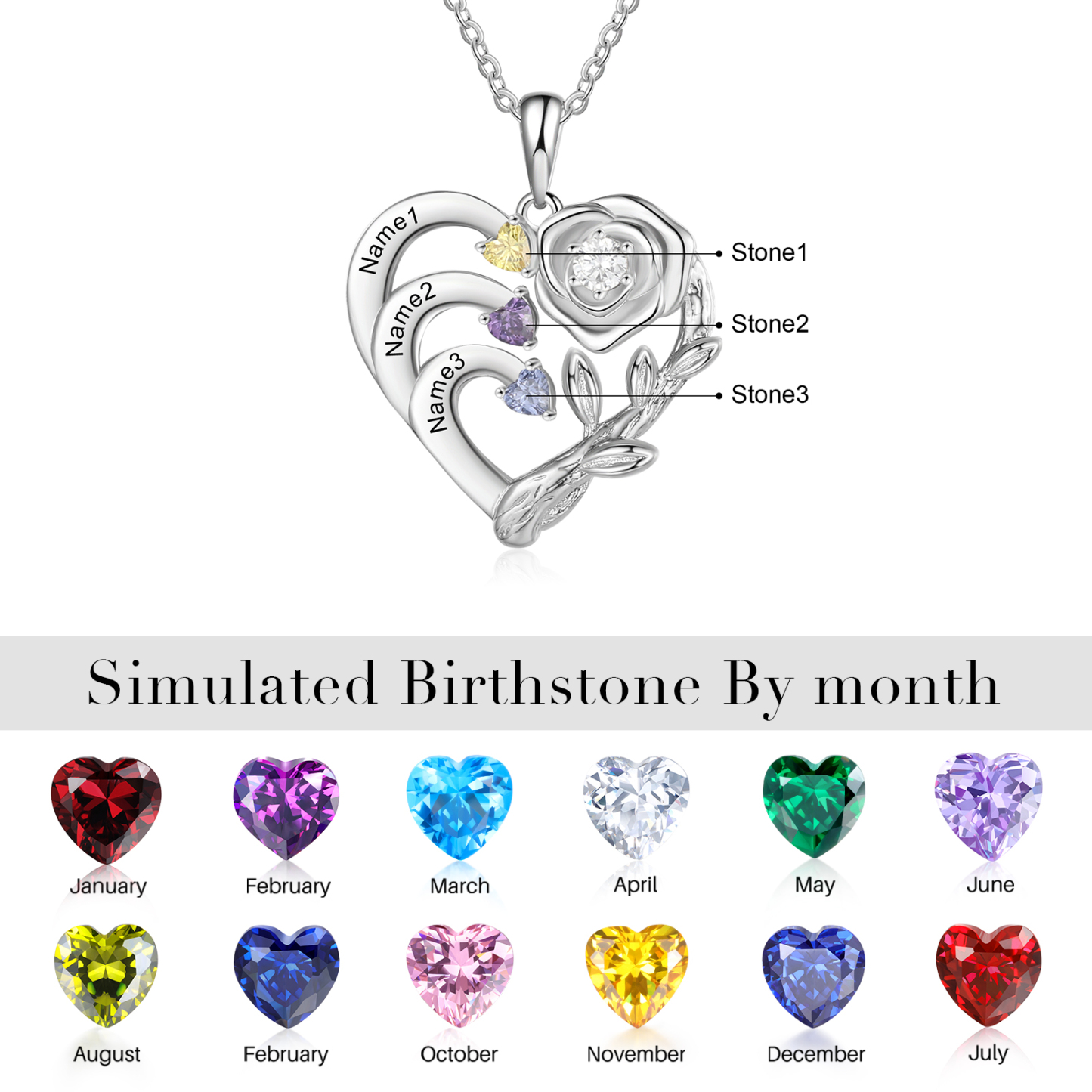 Personalised Rose Necklace with Birthstones Engraved 3 Names Intertwined Heart Pendant Necklace Gifts for Mother-Jessemade AU