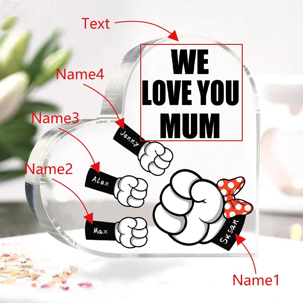 4 Names - Personalised Acrylic Heart Keepsake Custom Name & Text Fist Bump Ornaments Gifts for Family-Jessemade AU