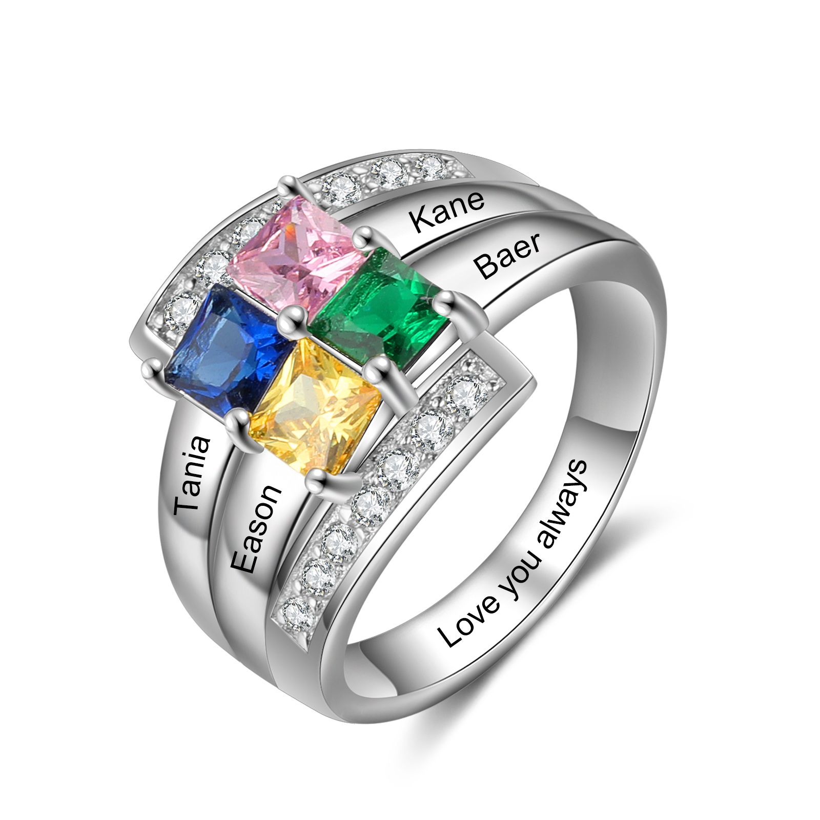 Personalised Mothers Ring With 4 Birthstones Engraved Names Ring Gift For Women-Jessemade AU
