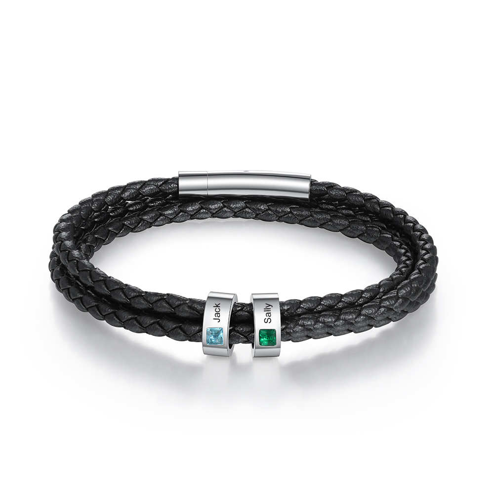 Personalised 3 Layer Leather Bracelet with 2 Beads Engraved Names Men's Bracelets for Him-Jessemade AU