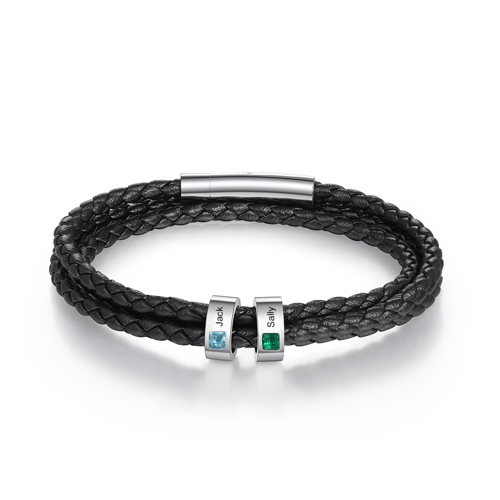 Personalised 3 Layer Leather Bracelet with 2 Beads Engraved Names Men's Bracelets for Him-Jessemade AU