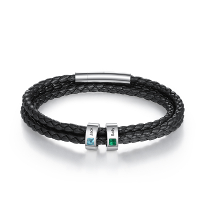 Personalised 3 Layer Leather Bracelet with 2 Beads Engraved Names Men's Bracelets for Him-Jessemade AU