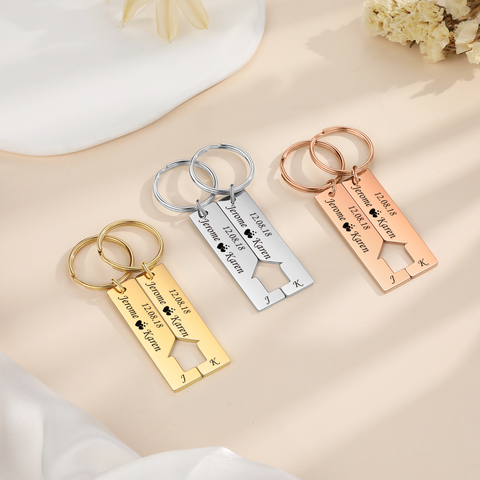 Personalised Couple Keychain Custom 2 Letters & 2 Dates & 2 Names Stainless Steel Keyring Valentine's Day Gift for Husband/Wife -Jessemade AU