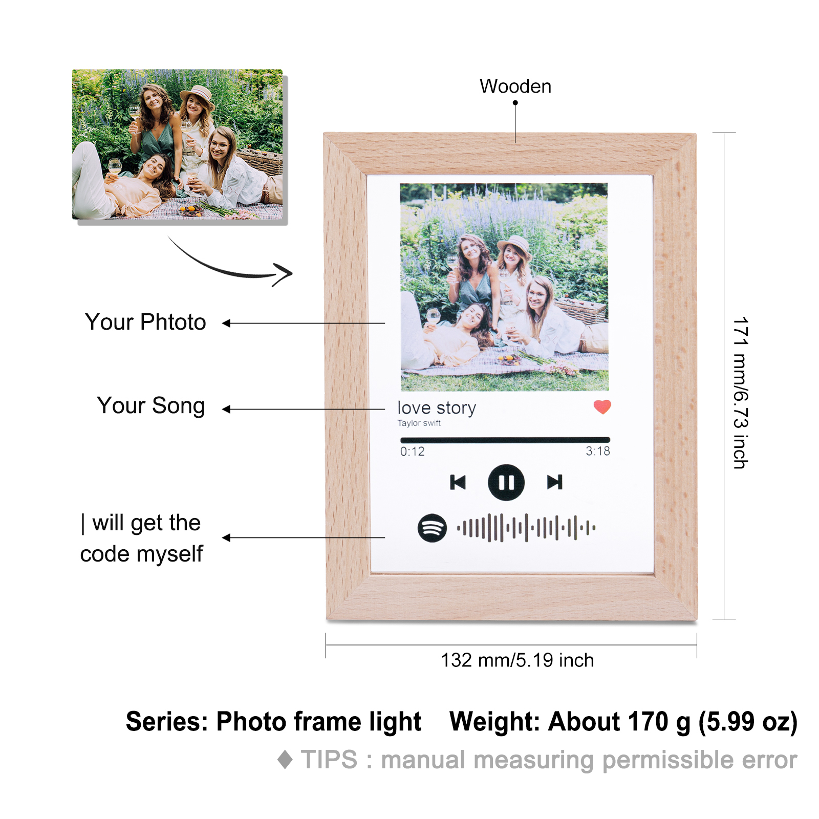 Personalised Wooden Spotify Code Photo Frame Night Light-Can Play Music-Interesting-Jessemade AU