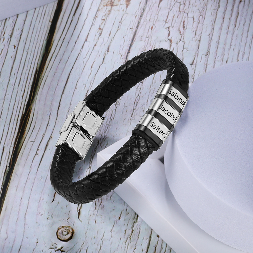 Men Leather Braided Bracelet Personalised with 3 Names Black-Jessemade AU