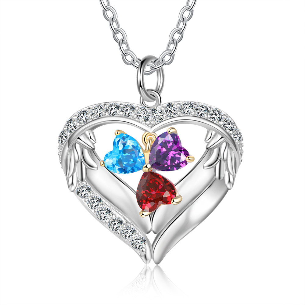 Personalised Wings Necklace With 3 Heart Birthstones Engraved Names Gift For Women-Jessemade AU