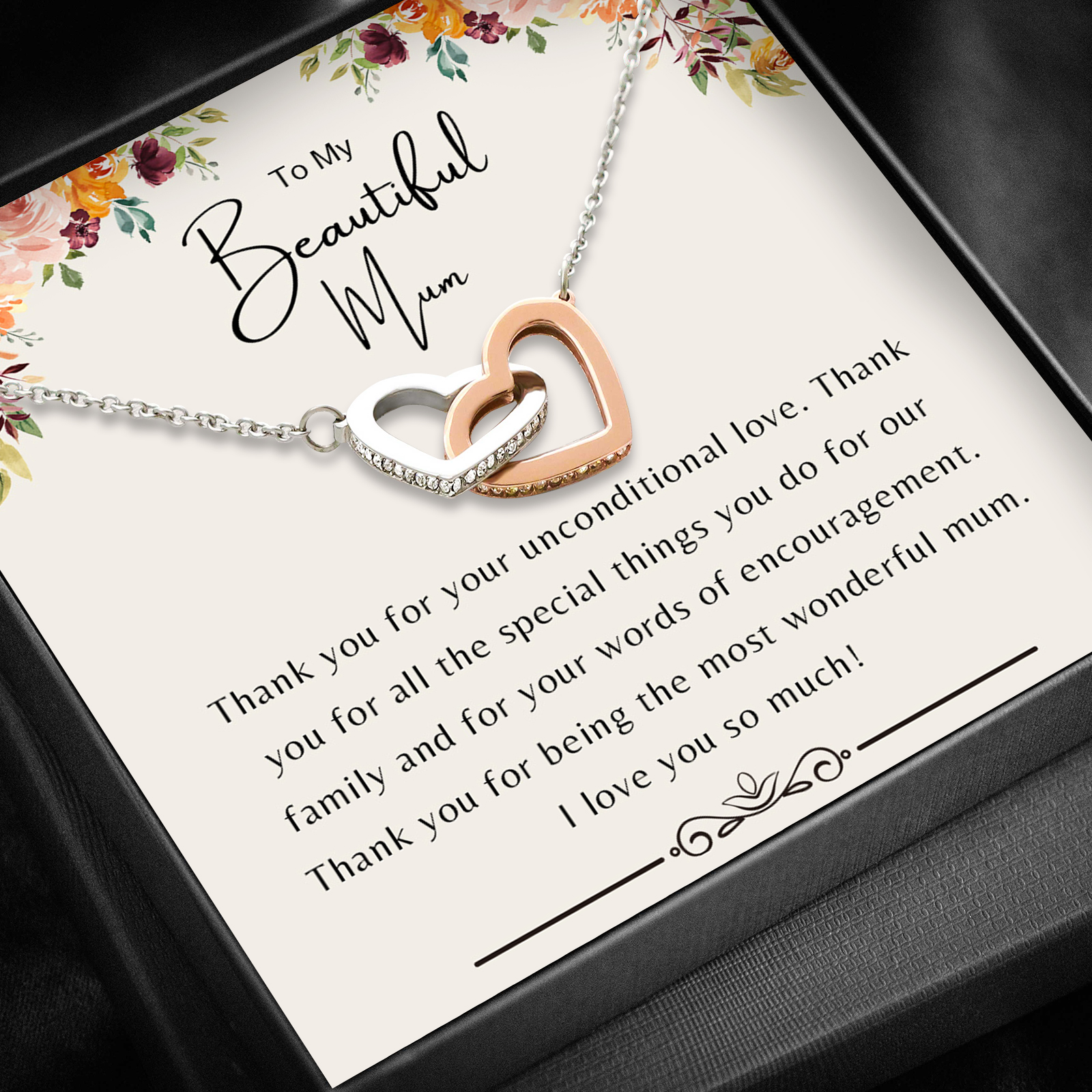 To My Beautiful Mum Interlocking Heart Sterling Silver Necklace Gift Set Intertwined Love Necklace - Thank You For Your Unconditional Love