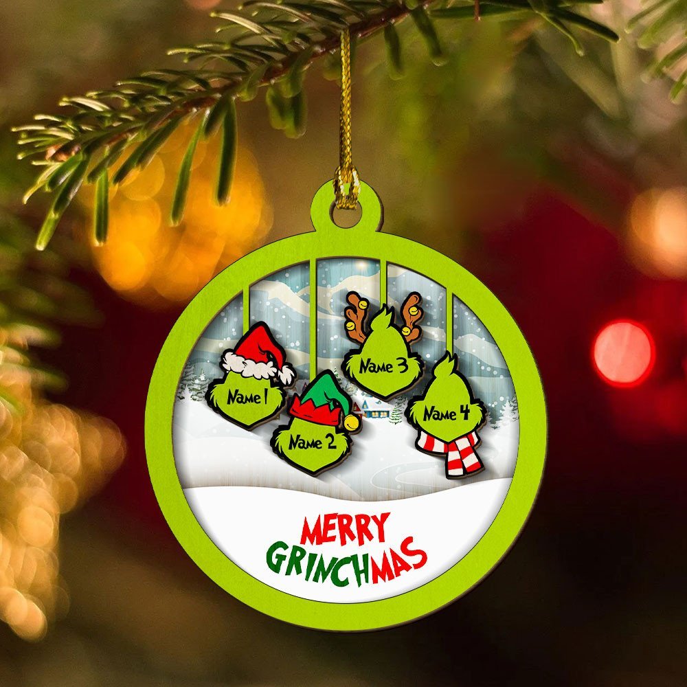 Merry Grinchmas Family Ornament Custom 4 Names Wooden Ornament-Jessemade AU