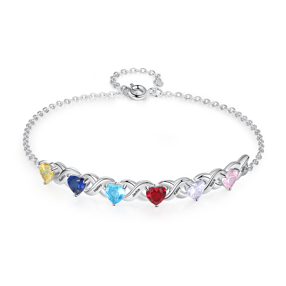 Personalised Bracelet With 6 Heart Birthstones Engraved Names Bracelet Gift For Women-Jessemade AU