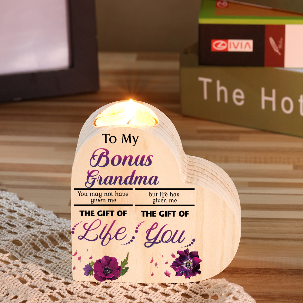 To My Bonus Grandma Violet Flower Heart Candle Holder "Life Has Given Me The Gift of You" Wooden Candlestick-Jessemade AU