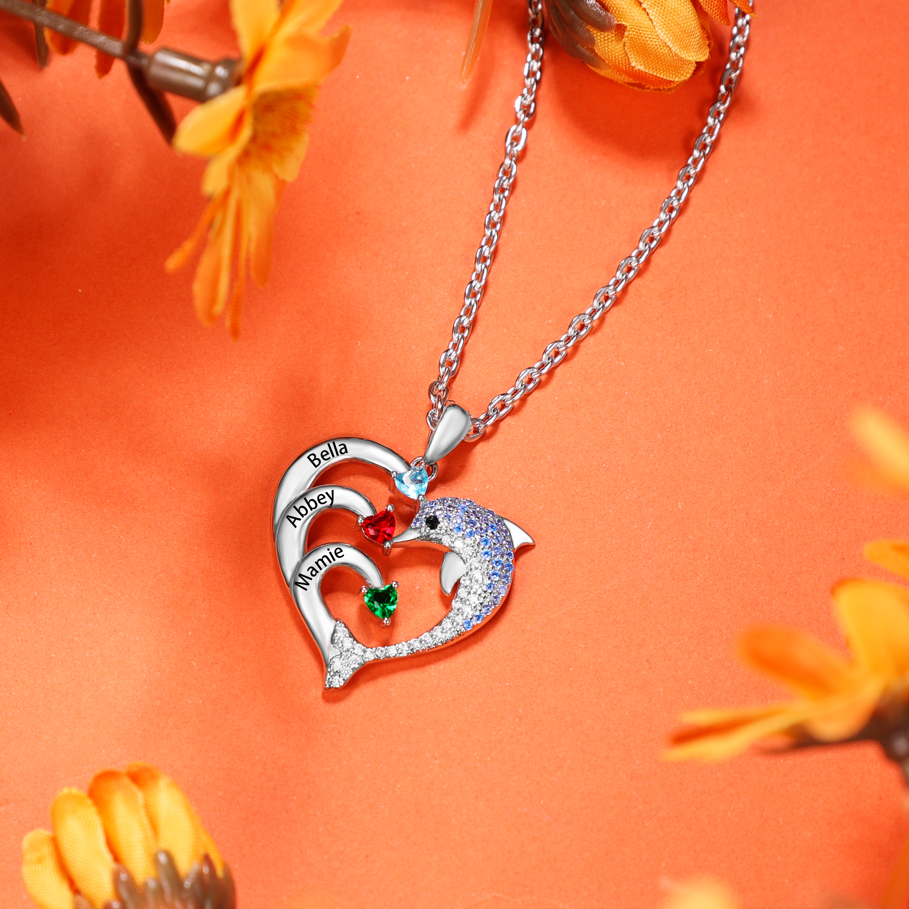 Personalised Heart Dolphin Necklace With 3 Birthstones Engraved Names Gift For Her-Jessemade AU